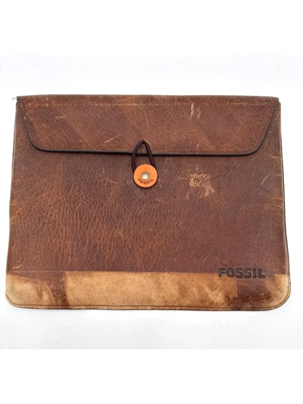 Fossil Brown Distressed Leather Envelope Clutch Bag With Button Closure